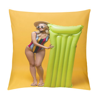 Personality  Full Length Of Happy Woman In Straw Hat And Swimsuit Standing Near Inflatable Mattress On Yellow Pillow Covers