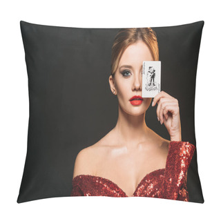 Personality  Attractive Girl In Red Shiny Dress Covering Eye With Joker Card Isolated On Black Pillow Covers