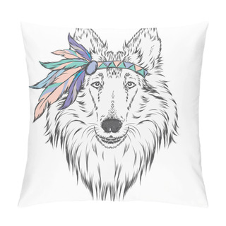 Personality  Dog In The Indian Dressing With Feathers . The Leader Of The Tribe. Vector Illustration For Greeting Cards , Posters Or Prints On Clothes And Accessories . Collie. Pillow Covers