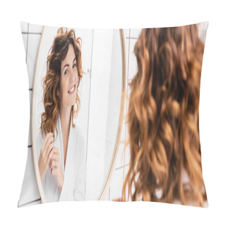 Personality  Curly Woman Looking At Mirror On Blurred Foreground In Bathroom, Banner  Pillow Covers