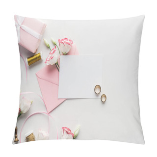 Personality  Top View Of Empty Card With Pink Envelope, Flowers, Silk Ribbon, Wrapped Gift,  Stamp And Golden Wedding Rings On Grey Background Pillow Covers