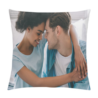 Personality  Young Woman Embracing Boyfriend While Sitting On Bed Pillow Covers