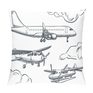 Personality  Planes Collection, Vector Sketch Illustration. Seaplane, Hydroplane And Tourist Plane Isolated On White Background. Air Travel Hand Drawn Design Elements Pillow Covers