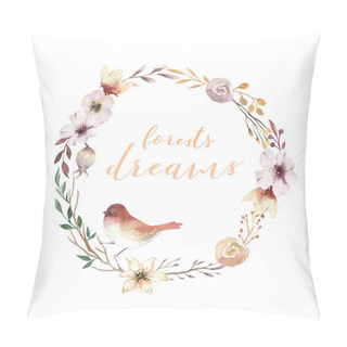 Personality  Vintage Watercolor Wreath Elements Of Flowers, Garden And Wild Flowers With Birds Flowers, Illustration Isolated, Bird And Feathers, Bohenian Floral Decoratoin Design Pillow Covers
