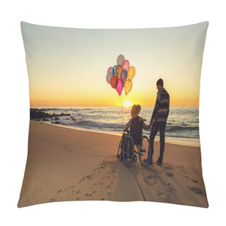 Personality  Woman On Wheelchair Holding Balloons And Walking With Boyfriend Pillow Covers