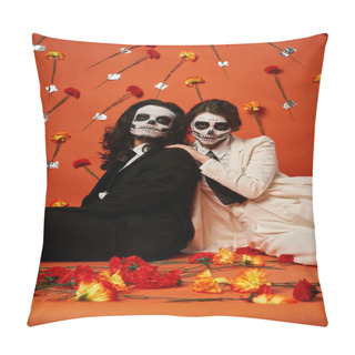 Personality  Elegant Couple In Sugar Skull Makeup And Suits Sitting On Floor In Red Studio With Carnation Flowers Pillow Covers