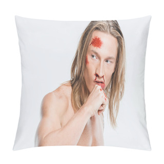 Personality  Close Up Of Adult Man With Bruises On Face Wiping Off Blood Isolated On White Pillow Covers