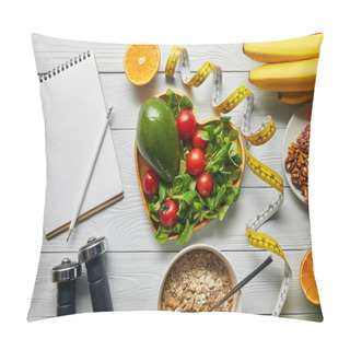 Personality  Top View Of Measuring Tape, Cereal, Fruits And Vegetables In Heart-shaped Bowl And Dumbbells Near Blank Notebook On Wooden White Background  Pillow Covers