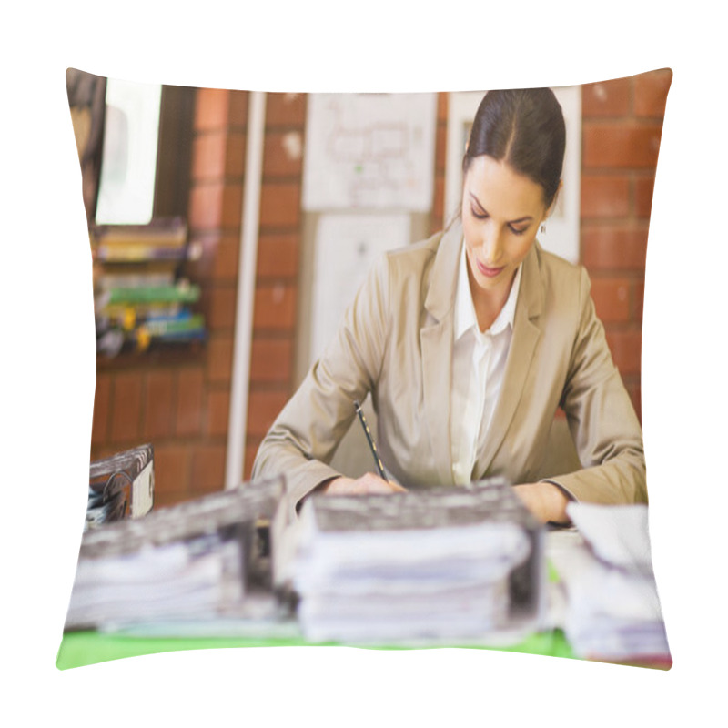 Personality  Pretty Female School Teacher Working In Office Pillow Covers