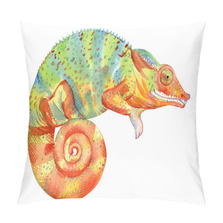 Personality  Watercolor Painting Of Chameleon Isolated On White Background. Original Stock Illustration Of Lizard. Pillow Covers
