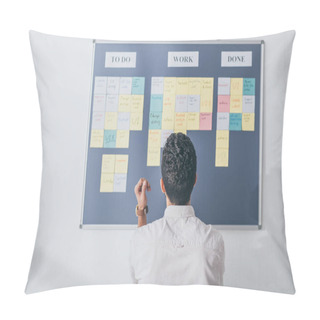 Personality  Back View Of Scrum Master Standing Near Board With Sticky Notes  Pillow Covers