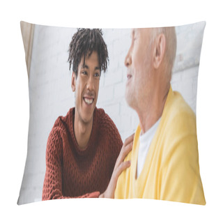 Personality  Positive African American Man Hugging Blurred Grandparent At Hoe, Banner  Pillow Covers