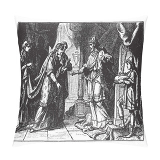 Personality  An Ancient Picture Of Esther Approaching The Throne Of The King. A Handmaid Holds The Train Of Esther's Robes. A Small Boy Stands Next To The King, With A Crown On A Pillow To Welcome Esther, Vintage Line Drawing Or Engraving Illustration. Pillow Covers