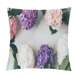 Personality  Top View Of Frame Made Of Hortensia Flowers On Marble Surface  Pillow Covers