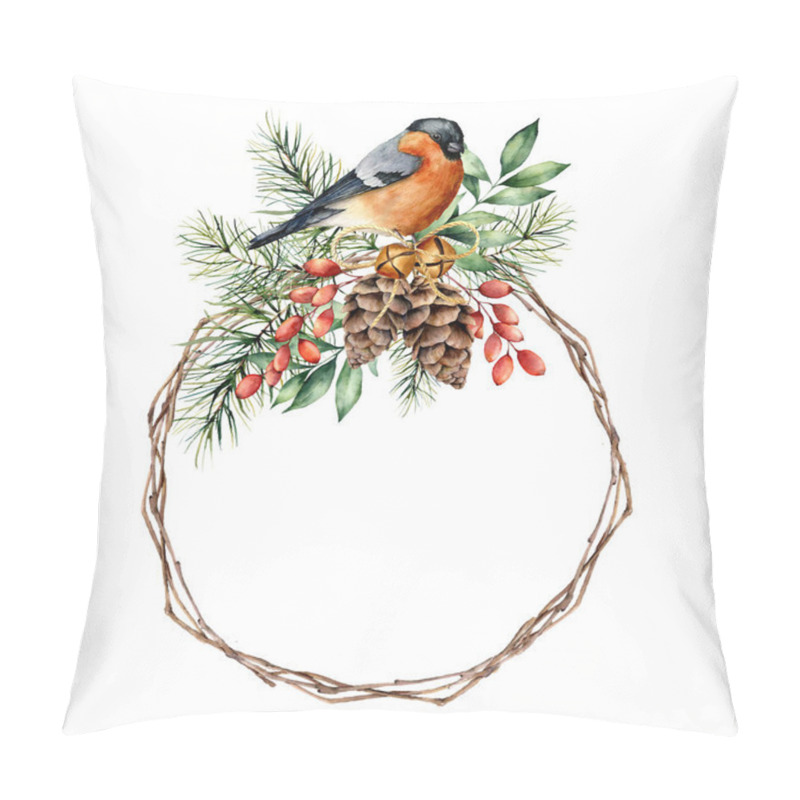 Personality  Watercolor Christmas Wreath With Bullfinch And Berries. Hand Painted Eucalyptus Leaves, Pine Cones, Berries, Fir Branches Isolated On White Background. Holiday Symbol For Design, Print Or Background. Pillow Covers