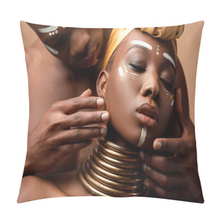 Personality  Close Up View Of Naked Tribal Afro Couple Posing Isolated On Beige Pillow Covers