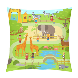 Personality  Zoo Vector Flat Illustration. Animals Vector Flat Design. Zoo Infographic With Elephant. People Walk In The Park, Zoo. Zoo Map, Banner Pillow Covers