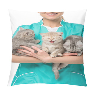 Personality  Cropped Shot Of Smiling Veterinarian Holding Adorable Kittens Isolated On White Pillow Covers