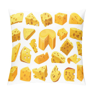 Personality  Cheese Or Curd Pieces, Vector Icons Set. Homemade Or Farm Diary Product, Milky Or Creamy Food. Cheddar, Gouda Or Maasdam Slices. Emmental, Holland Or Edam Cheese, Delicatessen Or Snack. Pillow Covers