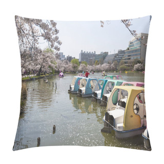 Personality  Pedal Boat In A Pond In Ueno Park With Cherry Blossom On A Sunny Day Pillow Covers