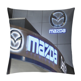 Personality  Vancouver. Canada - January 9, 2018: Mazda Logo On The Facade Of Official Dealer Office. Mazda Motor Corporation Is A Japanese Car Brand, Automotive Manufacturer. Night Shot With Logos Illuminated. Pillow Covers