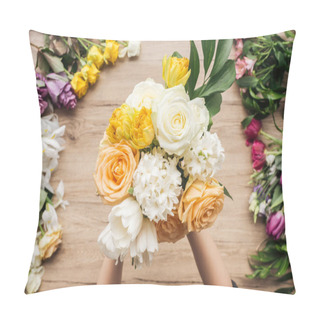 Personality  Partial View Of Florist Holding Bouquet Of Fresh Flowers On Wooden Surface Pillow Covers