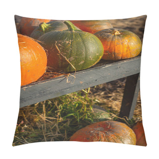 Personality  Pumpkins On A Wooden Stand At A Pumpkin Farm Pillow Covers