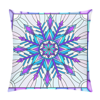 Personality  Illustration In Stained Glass Style With Snowflake In Blue Colors In A Bright Frame  Pillow Covers