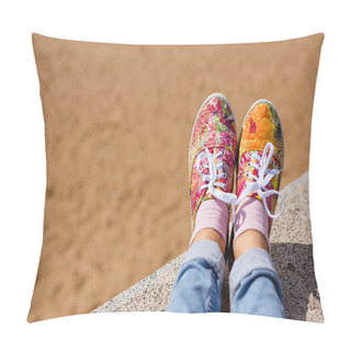 Personality  Female Legs In Jeans And A Bright Floral Sneakers In The Background Of The Sand In The Summer Pillow Covers