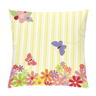 Personality  Springtime Flowers & Butterflies On Yellow Stripe Background Pillow Covers