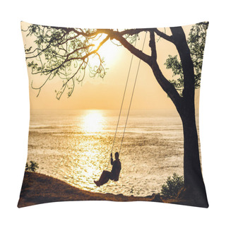 Personality  On The Shore Of The Ocean On A Swing Under A Tree At Sunset, Bali Pillow Covers