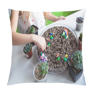 Personality  Beautiful Girl Plants Succulents In A Glass Florarium At A Lesson In A Creativity Studio Pillow Covers
