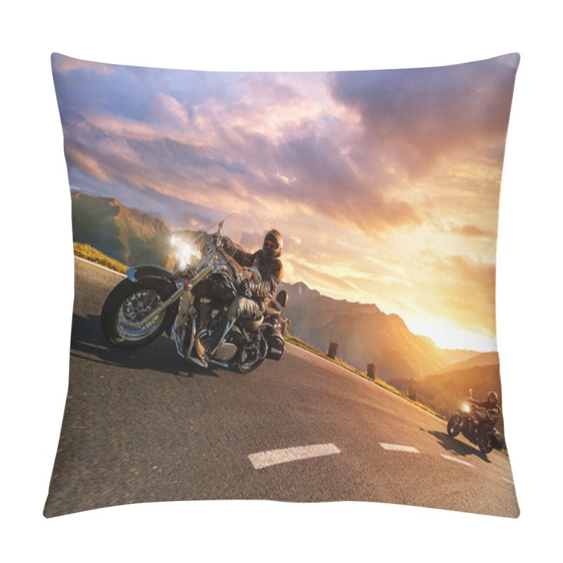 Personality  Motorcycle drivers riding in Alpine highway. Outdoor photography pillow covers