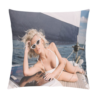 Personality  Beautiful Young Woman In Sunglasses And Bikini Relaxing On Yacht  Pillow Covers