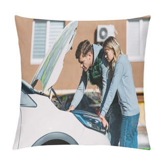 Personality  Side View Of Young Couple Fixing Broken Car On Street  Pillow Covers