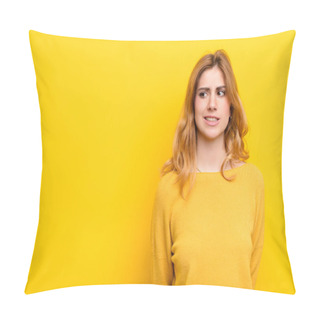 Personality  Young Pretty Blonde Woman Looking Worried, Stressed, Anxious And Scared, Panicking And Clenching Teeth Against Yellow Wall Pillow Covers