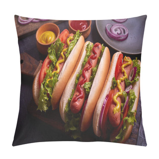 Personality  Hot Dog With Pickles And Lettuce On Blue Concrete Background. Pillow Covers