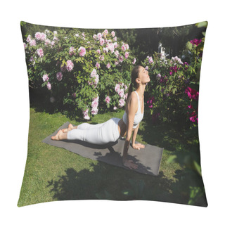 Personality  Woman In White Leggings Practicing Cobra Pose On Yoga Mat And Green Lawn In Park Pillow Covers