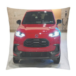 Personality  Philadelphia, Pennsylvania, U.S.A - January 14, 2024 - The Front View Of The Red Color Of The New 2024 Honda HR-V Subcompact SUV Pillow Covers