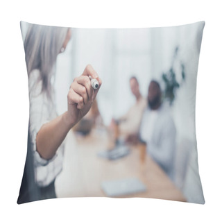Personality  Cropped View Of Businesswoman Holding Marker And Her Colleagues On Background  Pillow Covers