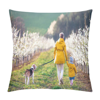 Personality  Rear View Of Senior Grandmother With Granddaughter Walking In Orchard In Spring. Pillow Covers