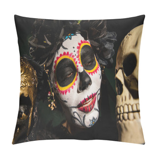 Personality  Portrait Of Woman In Mexican Santa Muerte Makeup Looking At Skull Isolated On Black  Pillow Covers