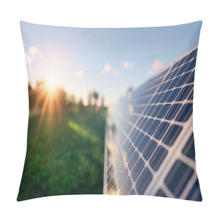 Personality  3d Rendering Of Row Solar Panel In Green Field Reflection With Sunlight To Show Converting Sunlight Energy To Electric Energy. Pillow Covers