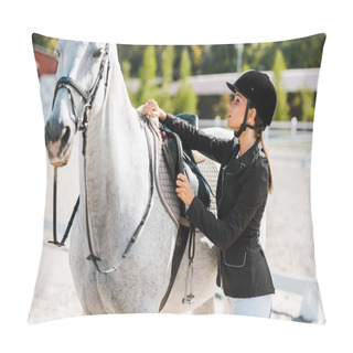 Personality  Attractive Female Equestrian Fixing Horse Saddle At Horse Club Pillow Covers