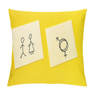 Personality  Top View Of Cards With Male And Female Icons And Gender Symbols On Yellow Textured Background Pillow Covers