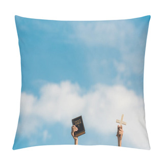 Personality  Cropped View Of Man Holding Holy Bible And Cross Against Blue Sky With Clouds Pillow Covers