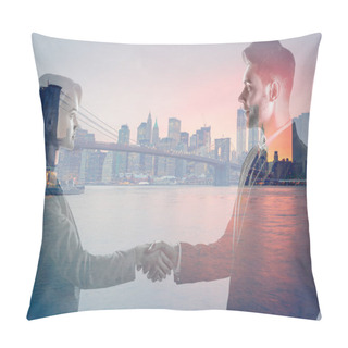 Personality  Double Exposure Of Man And Woman Shaking Hands And Looking At Each And New York Evening Cityscape Pillow Covers