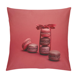 Personality  Delicious Colorful French Macaroons Wrapped In Ribbon With Bow On Red Background Pillow Covers