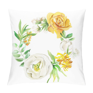 Personality  Beautiful Watercolor Floral Frame With Flowers Wreath Border Isolated On White Pillow Covers