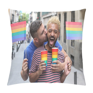Personality  Close-up Portrait Of Gay Couple With Lgbt Flags And Cups In Lgbt Flag Colors On Street Pillow Covers